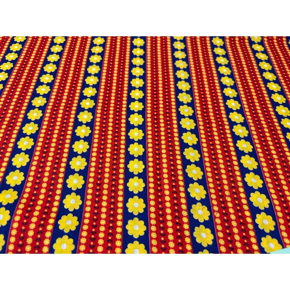 Vintage Red Yellow Floral Striped Cotton Fabric 1 yard + 17"  x 17" Sewing Craft